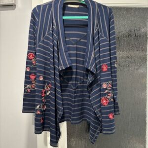 Caite Navy Striped Open-Front Sweater with Floral Embroidery